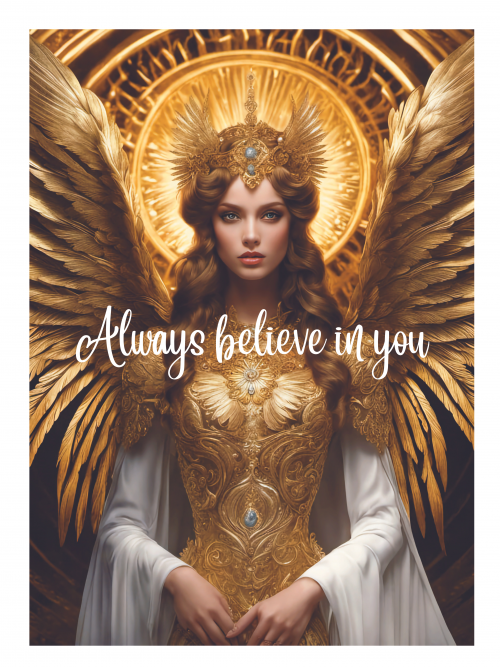 Elevate your space with our 'Always Believe in You' Angel, featuring a stunning golden-winged angel illustration that inspires self-belief.