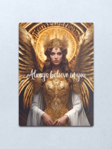 Elevate your space with our 'Always Believe in You' Angel Metal Print, featuring a stunning golden-winged angel illustration that inspires self-belief. Crafted on high-quality metal, it's a lasting statement of positivity and beauty for your decor.