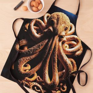 A giant pretzel shaped like Cthulhu, the cosmic horror, with salt. A polyester apron by CallaCoralia. For dark humor lovers who bake, cook, or summon.